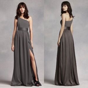 WHITE by Vera Wang One Shoulder Gown with Satin Sash in Charcoal Gray Size 12